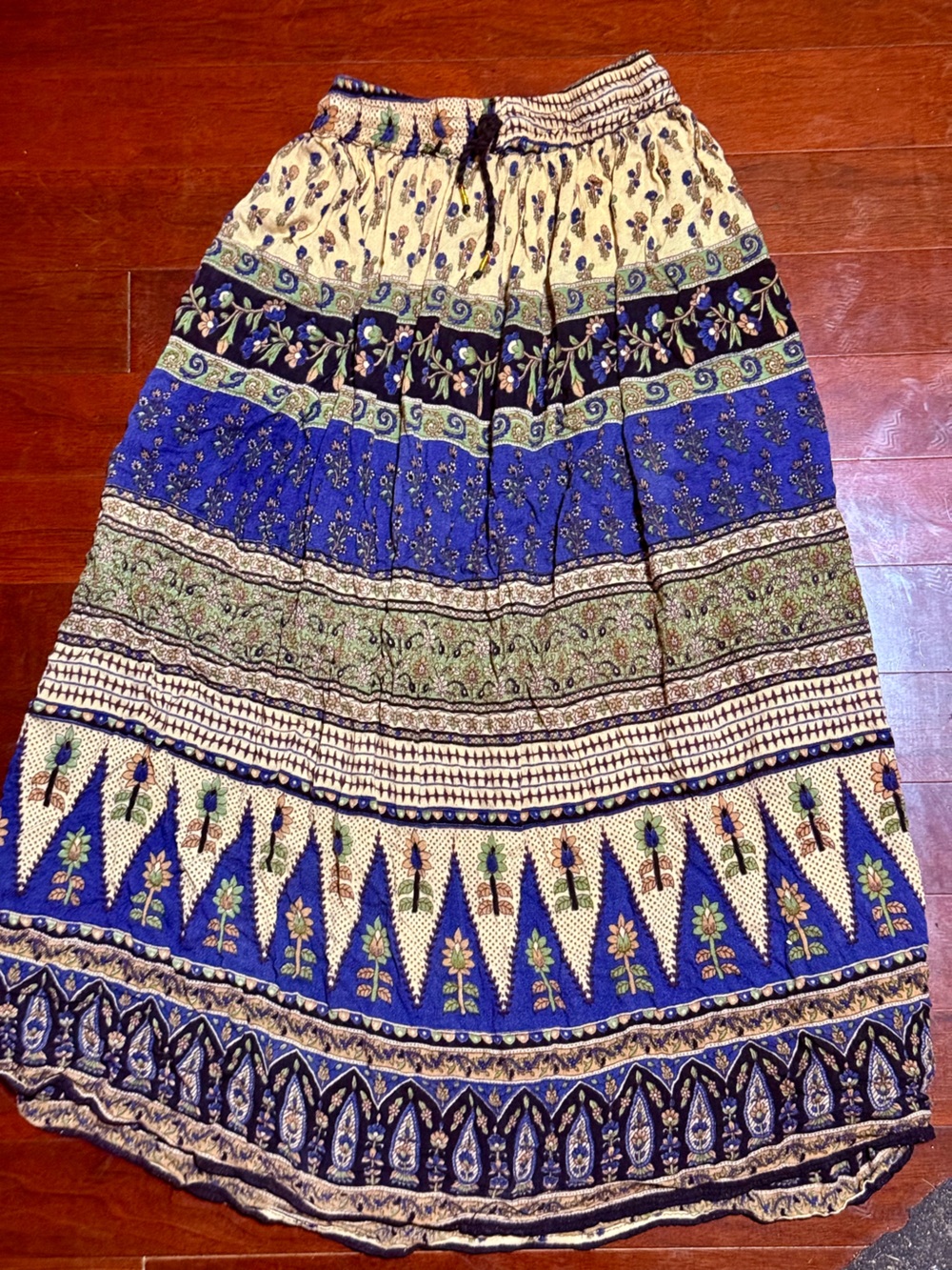 Boho Blue Floral Tiered Midi Skirt (S)